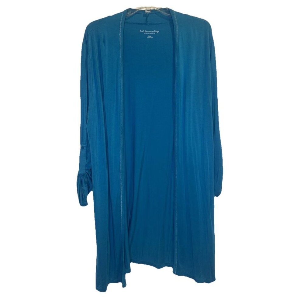 Soft Surroundings‎ Teal Blue Roll Tab Sleeve Open Front Cardigan Large 26228